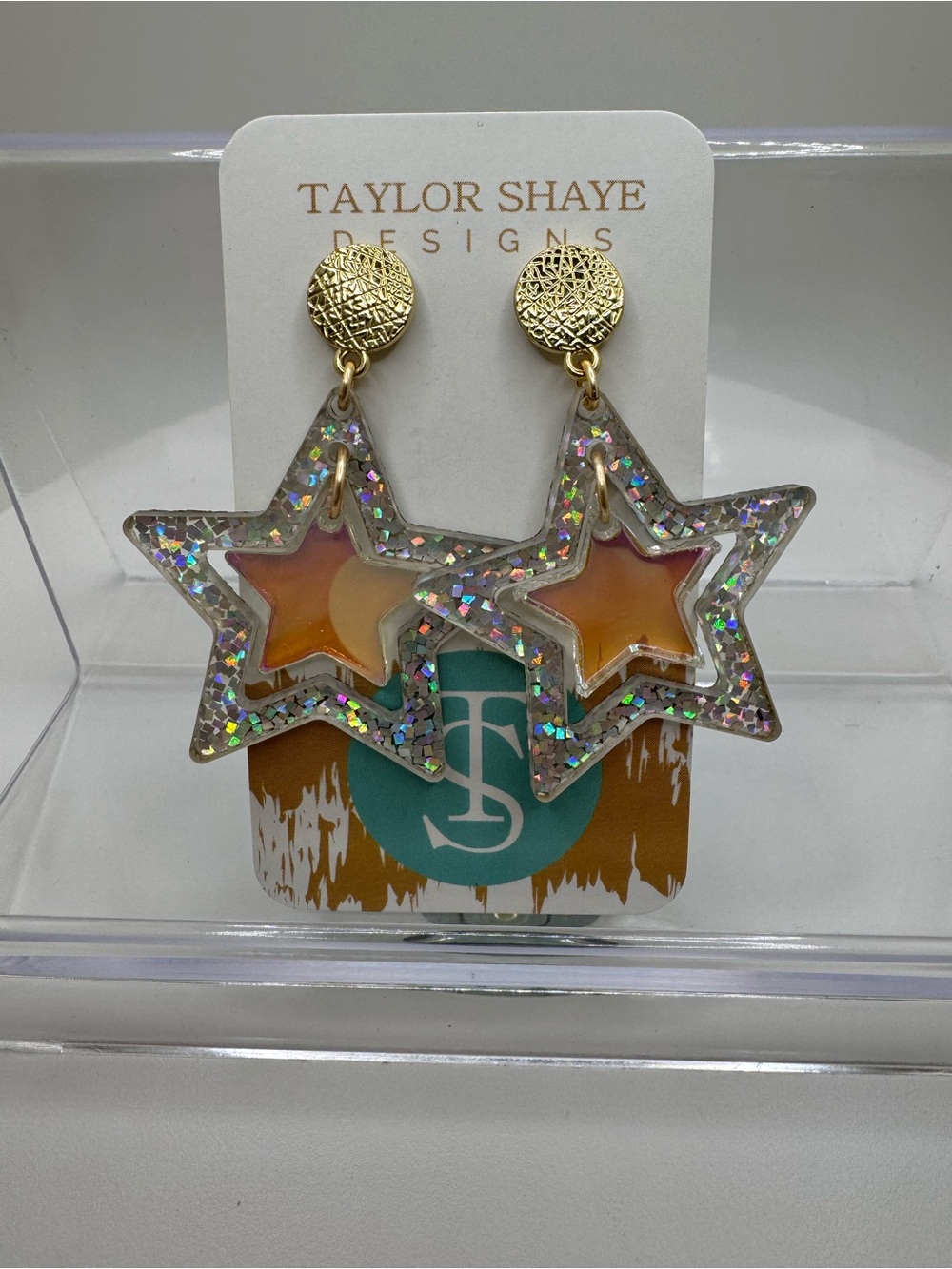 TAYLOR SHAYE Gold and Iridescent glitter Star Drop Earrings NWT